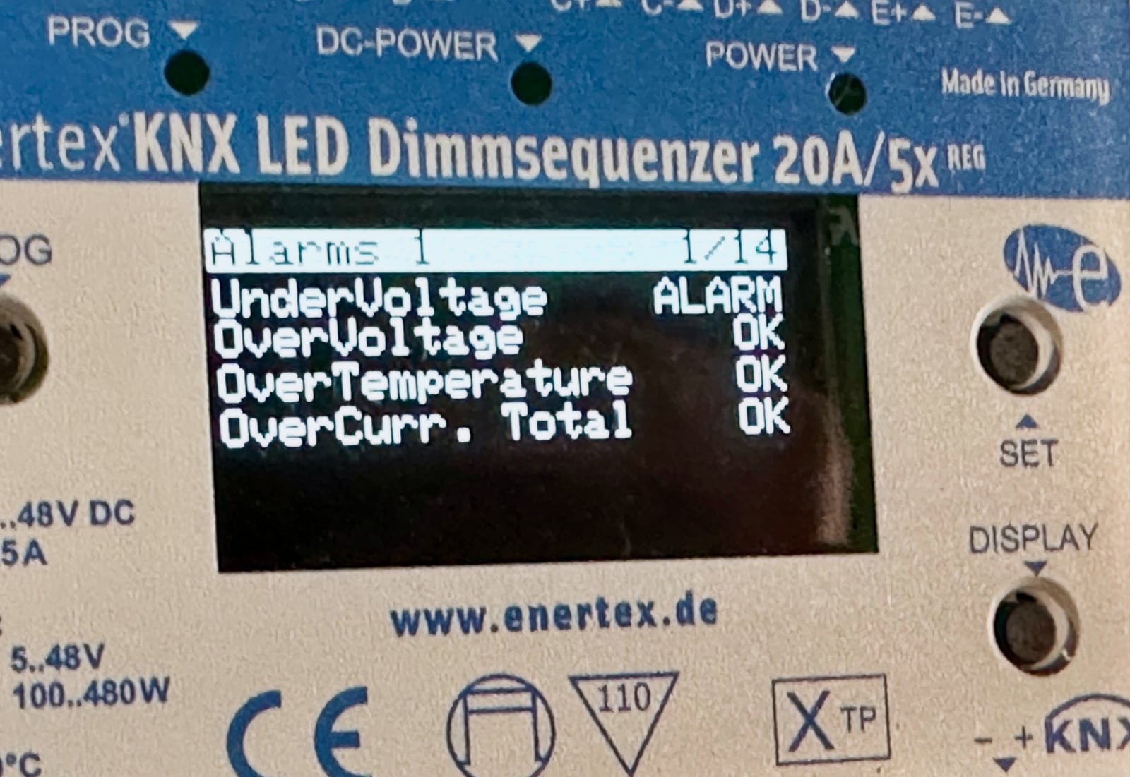 Enertex 1174-REG OLED diagnostic screen. Enertex-1174-REG-oled-screen